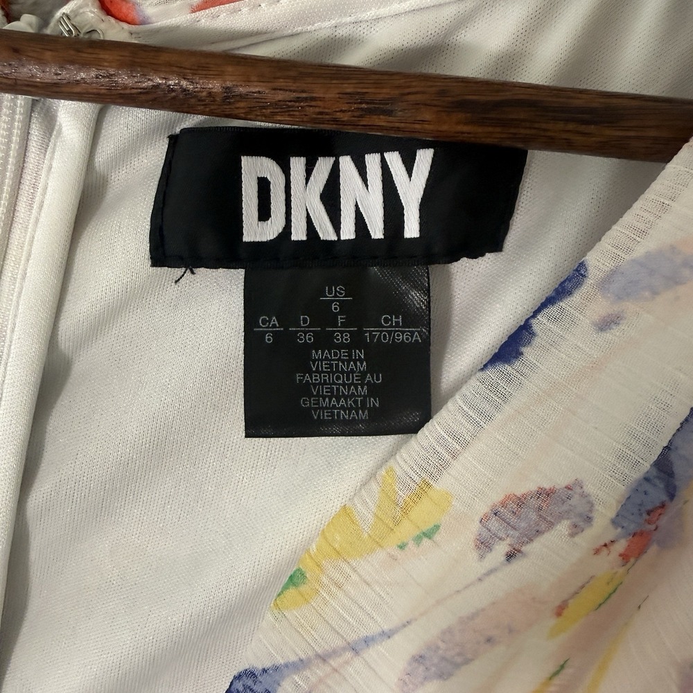 DKNY Womens' Printed Flutter Sleeve Faux Wrap Midi Dress - Print/Ivory/Marine 6 - Picture 5 of 11